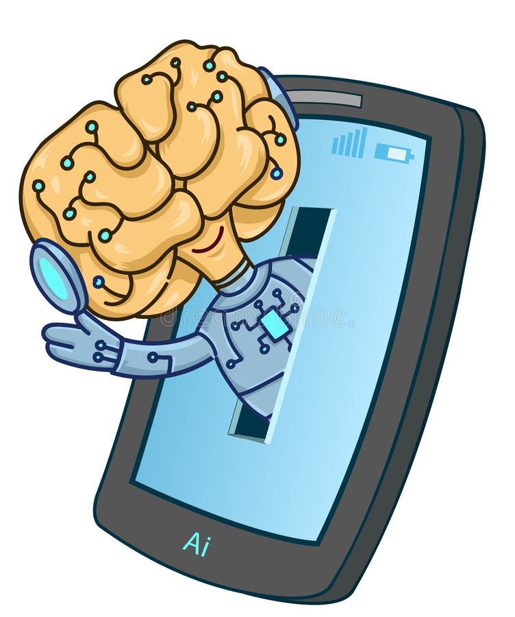 Caricatura de un personaje robot que sale de un móvil ilustración del vector