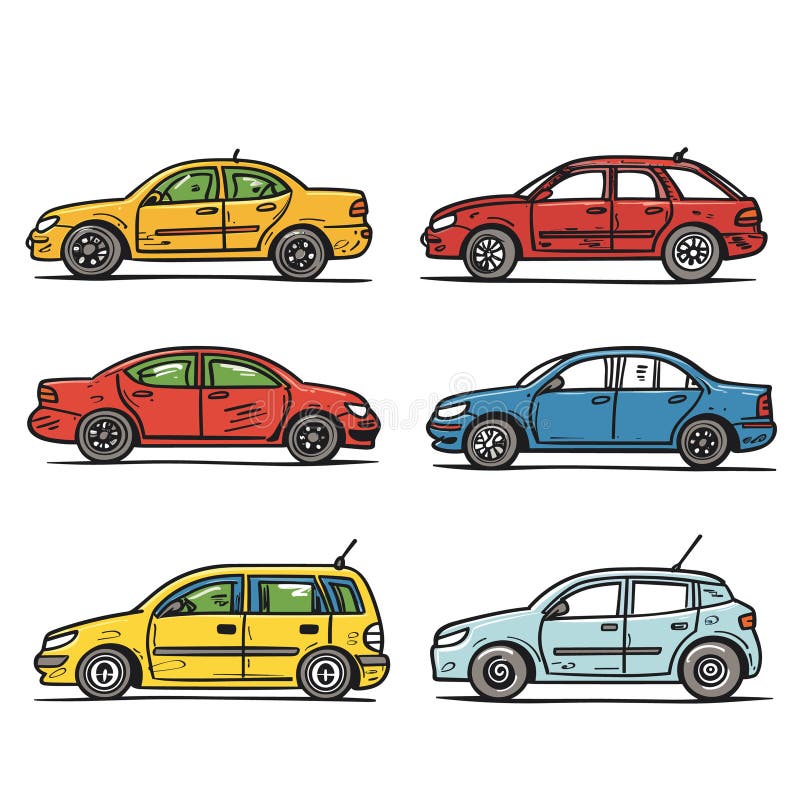 Caricatura de vista lateral de coches ilustración vectorial diferentes colores. dos filas coches sedan de la fila superior libre illustration