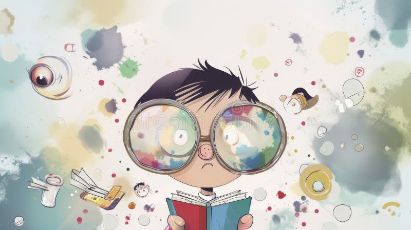 cartoon Drawing of a child trying to read a book with huge glasses placed on his nose, and around him all the objects are represented as blurry spots and figures. --no text, titles --ar 16:9 --quality 0.5 --stylize 0 Job ID: 1d3e29d5-4c3a-482b-bd7f-7baacafcc234 AI generated. cartoon Drawing of a child trying to read a book with huge glasses placed on his nose, and around him all the objects are represented as blurry spots and figures. --no text, titles --ar 16:9 --quality 0.5 --stylize 0 Job ID: 1d3e29d5-4c3a-482b-bd7f-7baacafcc234 AI generated
