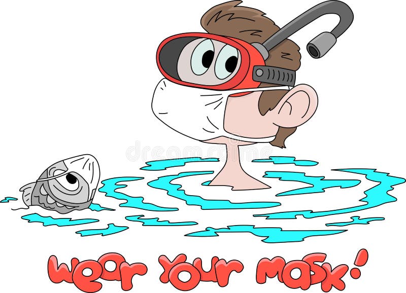 Caricatura e peixe usando máscaras contra a ilustração do vetor de natação do vírus corona