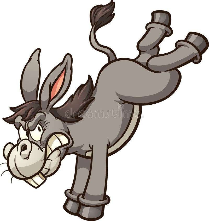 Caricatura furiosa de burro tirando patada trasera