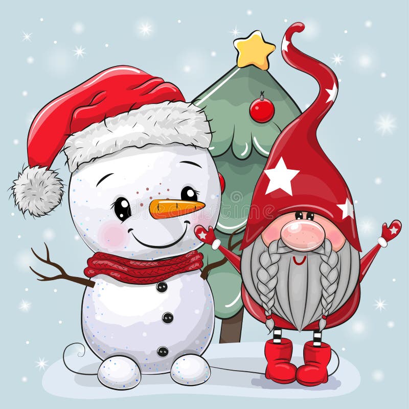 Caricatura Gnome y muñeco de nieve cerca del árbol de Navidad