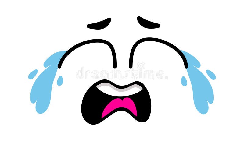 Caricatura llorando cara con grandes lágrimas azules cayendo de los ojos y boca abierta expresando tristeza y desesperación vector stock de ilustración