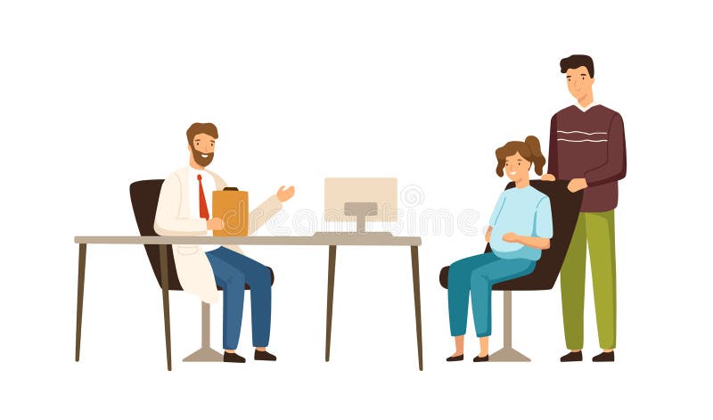 Caricatura mujer embarazada y hombre sonriente visita al médico en ilustración plana vectorial clínica. futuros padres felices en ilustración del vector