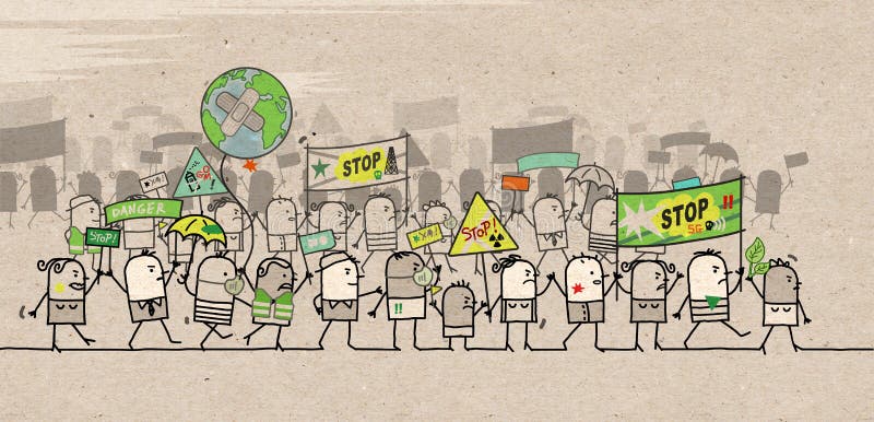Caricatura protestando y caminando por un grupo de personas ecológicas