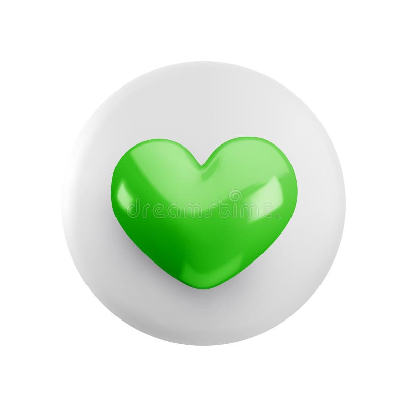 Caricatura vectorial botón blanco mínimo 3d con icono de corazón verde. Representación realista del signo del botón de tipo círcul libre illustration