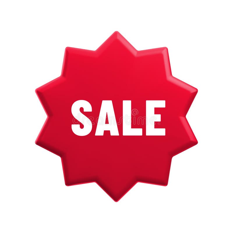 Caricatura vectorial 3d Insignia de venta. Comienzo de la etiqueta roja con texto. Pegatina de tienda online de 3d de rendimientos stock de ilustración