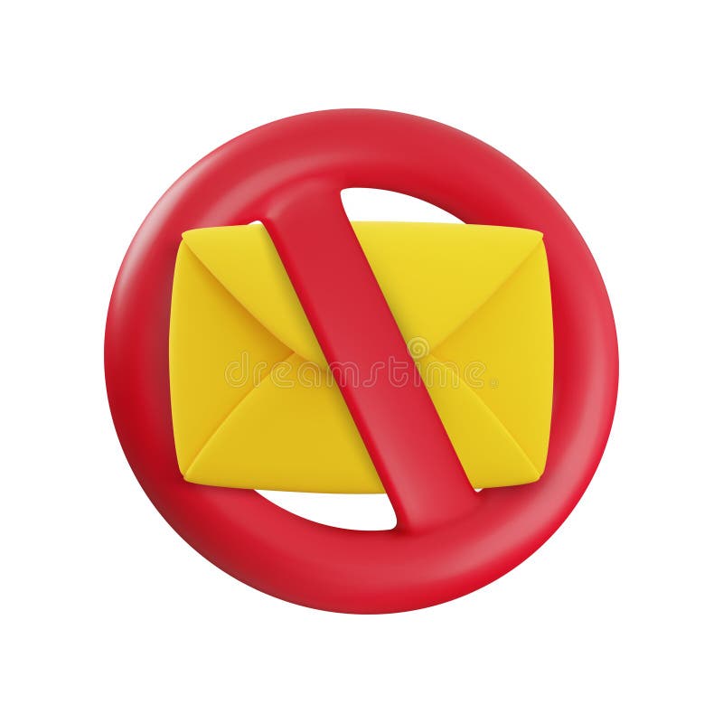 Caricatura vectorial 3d no icono de spam. Representación 3d realista del sobre amarillo en la señal de prohibición del círculo roj stock de ilustración