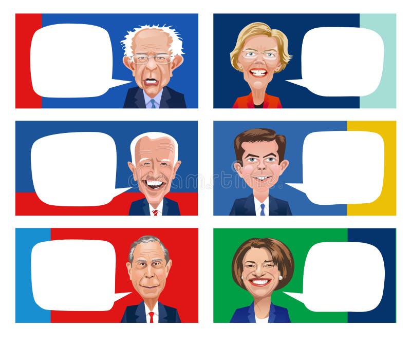 Caricaturas de seis candidatos democráticos às eleições presidenciais.