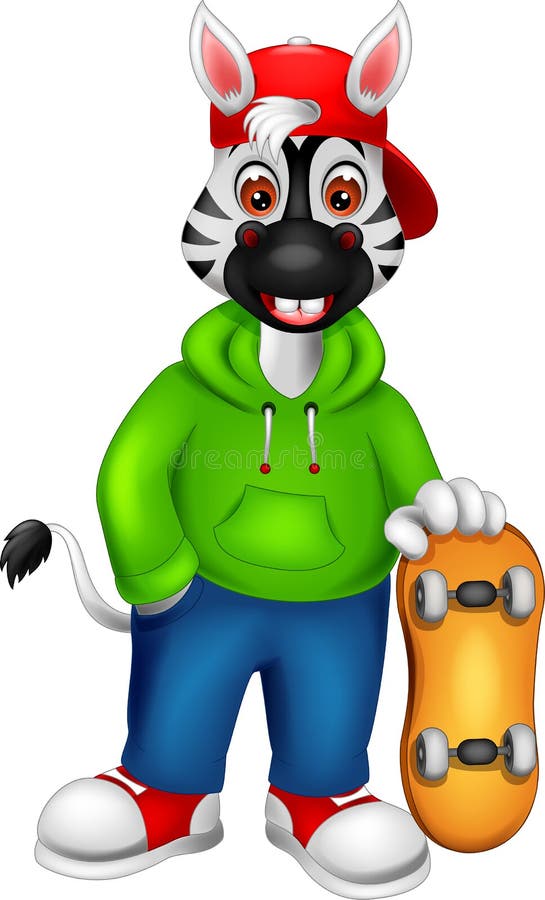 Caricatură ciudată cu zebră care se dă în râs și aduce skateboard royalty free illustration