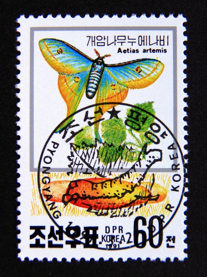 Post stamp printed in north korea, 1991. Japanese luna moth actias artemis butterfly. Value 60 north korean chon. From the series butterflies. Post stamp printed in north korea, 1991. Japanese luna moth actias artemis butterfly. Value 60 north korean chon. From the series butterflies.