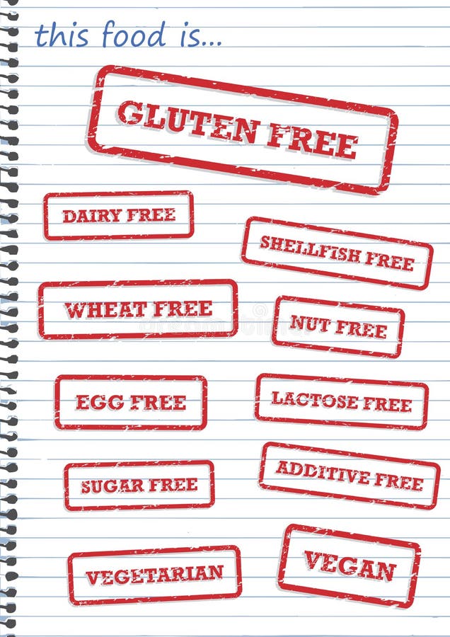 Rubber stamps of food allergy products, such as gluten, dairy and sugar free. Rubber stamps of food allergy products, such as gluten, dairy and sugar free