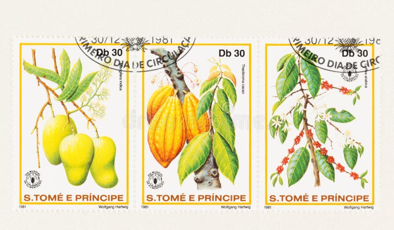 SEATTLE WASHINGTON - October 4, 2019: Strip of 3 se-tenant postage stamps of Sao Tome and Principe featuring mangos, coffee bush and cacao tree, commemorating World Food Day. SEATTLE WASHINGTON - October 4, 2019: Strip of 3 se-tenant postage stamps of Sao Tome and Principe featuring mangos, coffee bush and cacao tree, commemorating World Food Day