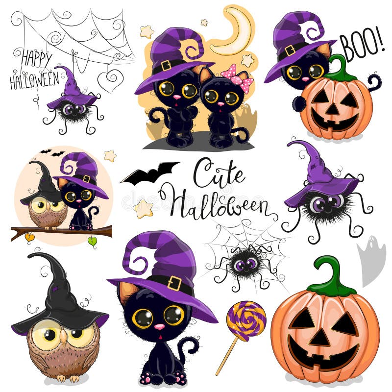 Carine illustrazioni di Halloween con gufo, gatto nero e ragno