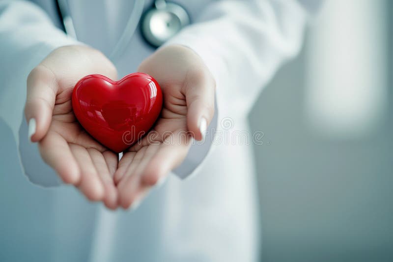 Caring hands hold a red heart symbolizing compassion in a healthcare setting. stock illustration