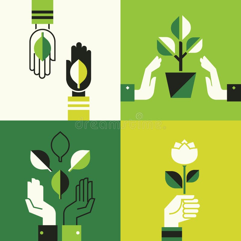 Caring hands holding leaves vector illustration