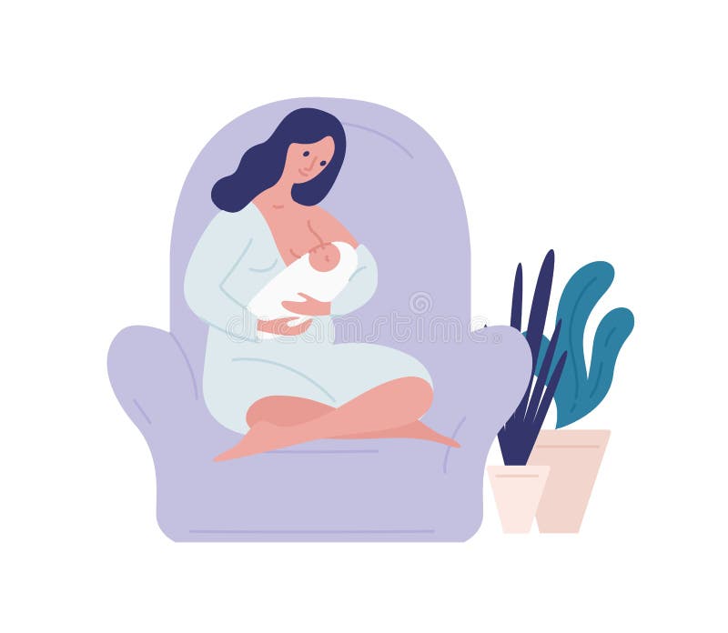 Caring mother breastfeed newborn baby at home vector flat illustration. Happy young woman feeding breast enjoying motherhood holding child isolated on white. Concept of maternity and care.