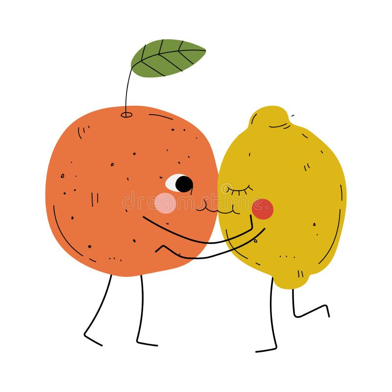 Carini arancioni e limoni abbracciano e baciano, dolci agrumi allegri con facce divertenti, felice coppia d'amore royalty illustrazione gratis