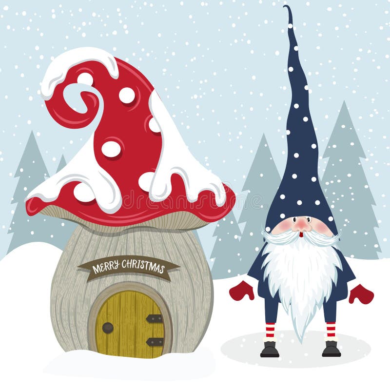Carino gnomo natalizio e la sua casa di funghi Design piatto