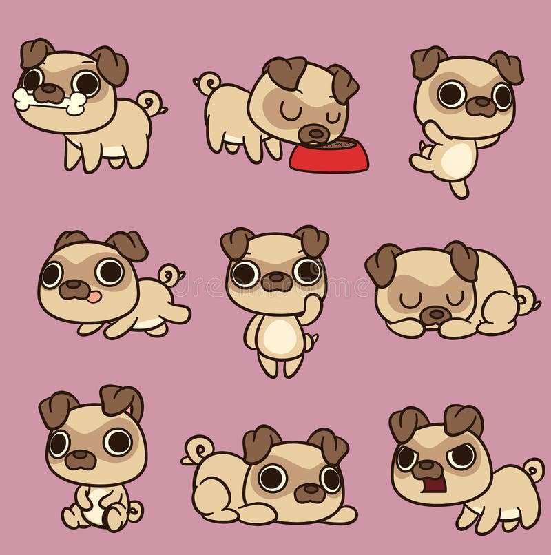 Carlino sveglio del fumetto di kawaii nelle pose differenti illustrazione vettoriale Carlino sveglio del fumetto di kawaii nelle pose differenti illustrazione vettoriale