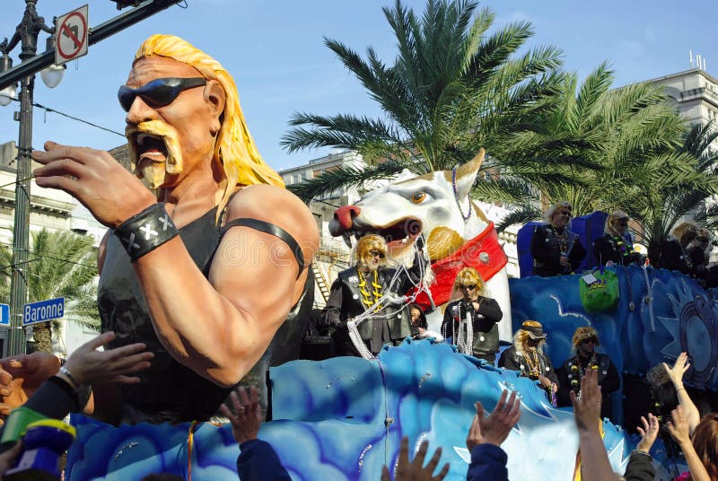 A float in the Krewe of Tucks parade, New Orleans Mardi Gras 2010. As evidenced by the Dawg the Bounty Hunter float theme, the overall parade theme is reality TV shows. A float in the Krewe of Tucks parade, New Orleans Mardi Gras 2010. As evidenced by the Dawg the Bounty Hunter float theme, the overall parade theme is reality TV shows.