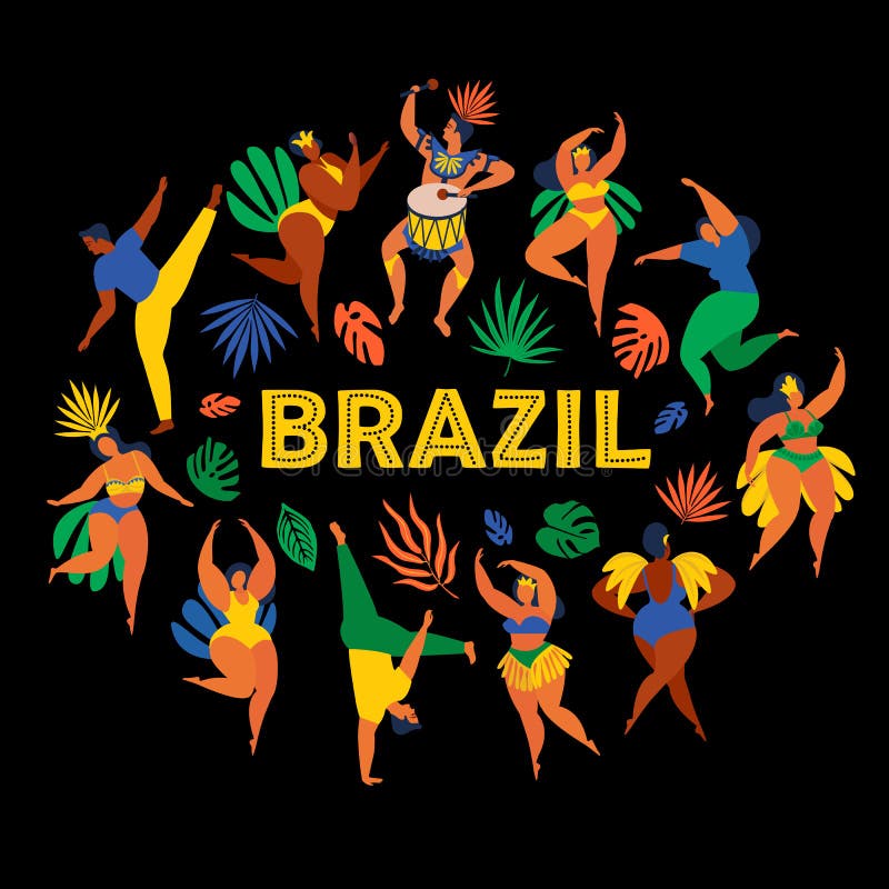 Carnaval de Brasil Vector a ilustração de homens e de mulheres engraçados da dança em trajes brilhantes Elemento do projeto para ilustração royalty free Carnaval de Brasil Vector a ilustração de homens e de mulheres engraçados da dança em trajes brilhantes Elemento do projeto para ilustração royalty free
