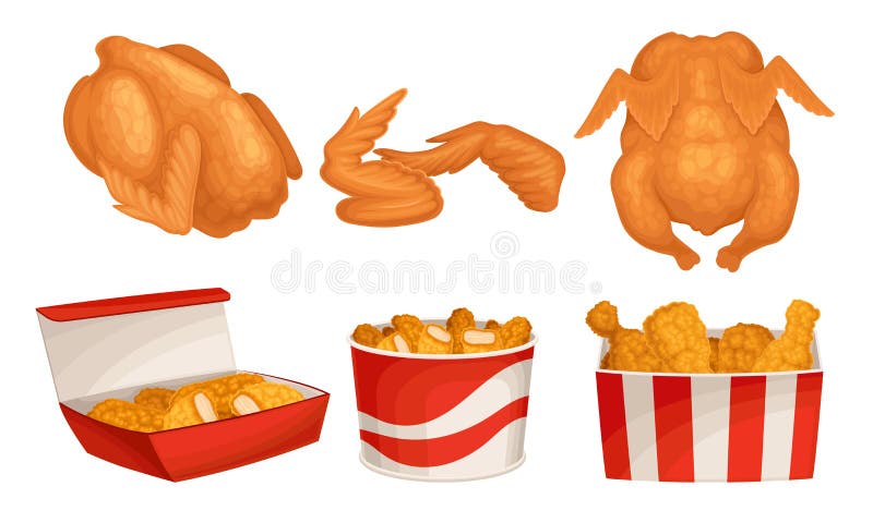 Carne de pollo frito con alas y piernas vertidas en canastos vectoriales ilustración del vector