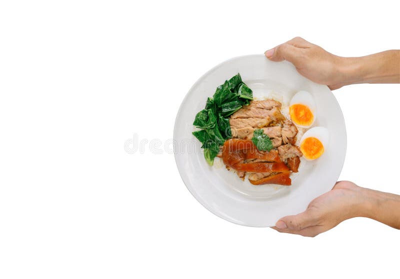 Carne de porc abruptă, în cazul orezului pe fond alb. delicioase alimente de stradă cu calorii mari, alimente care au multe grăsim stock photos