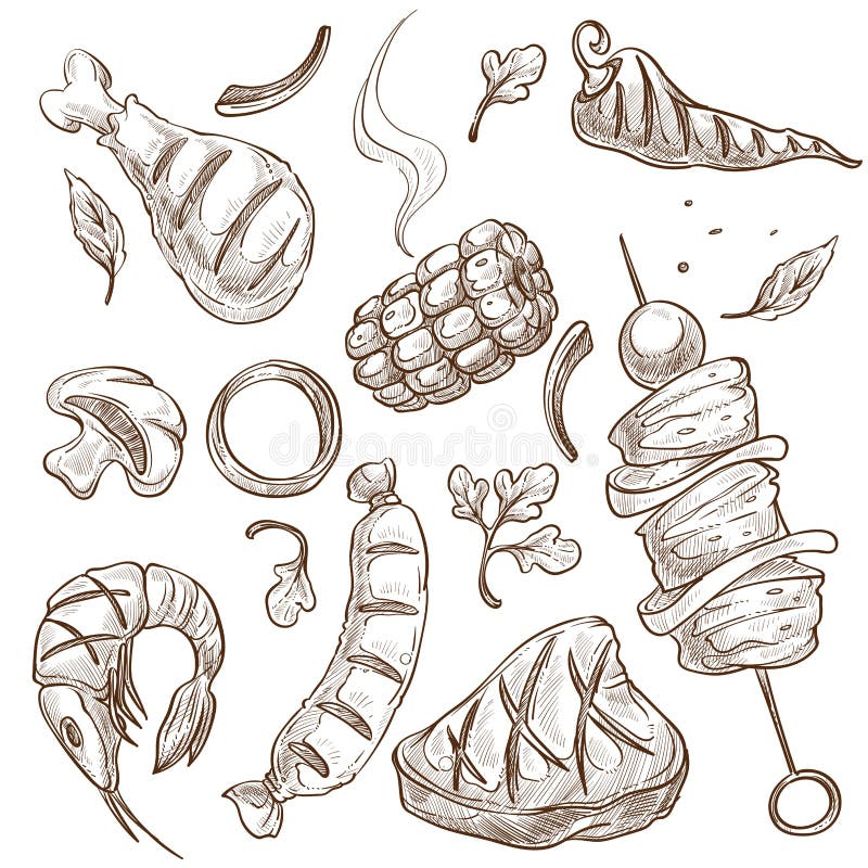 Carne dell'alimento del BBQ e verdure o schizzi isolati frutti di mare illustrazione vettoriale Carne dell'alimento del BBQ e verdure o schizzi isolati frutti di mare illustrazione vettoriale
