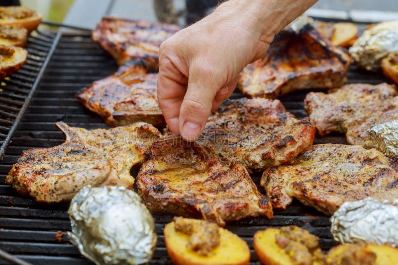 Carne grelhada deliciosa sortido com os vegetais sobre o assado de carvões foto de stock Carne grelhada deliciosa sortido com os vegetais sobre o assado de carvões foto de stock