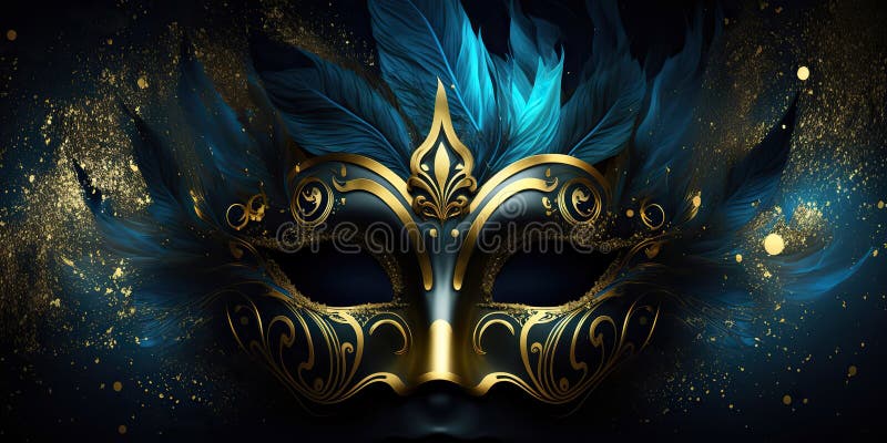 Carnival Feathered Mask in Blue and Gold Colors, Generative AI Stock
