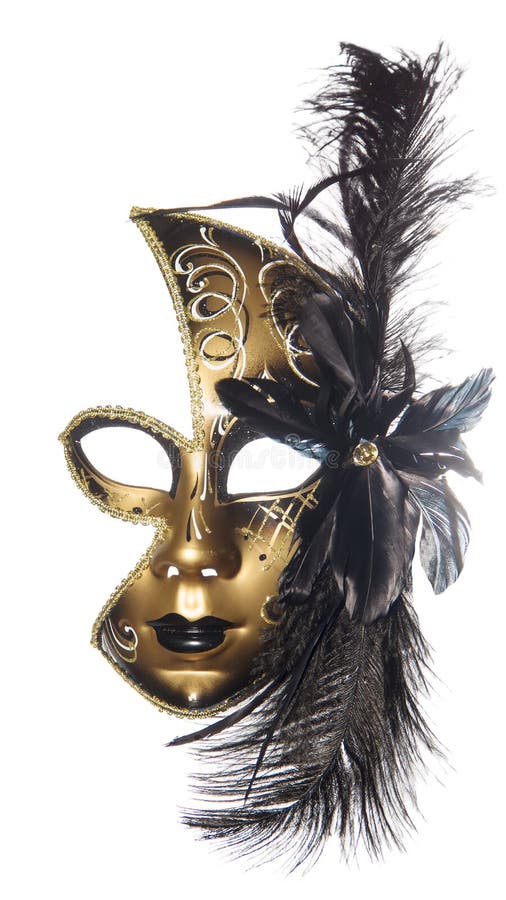 Carnival masquerade mask black gold lush feathers on side white background New year Christmas. Carnival masquerade mask black gold lush feathers on side white background New year Christmas