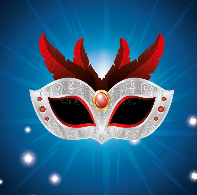 Carnival mask with red feathers lights blue background