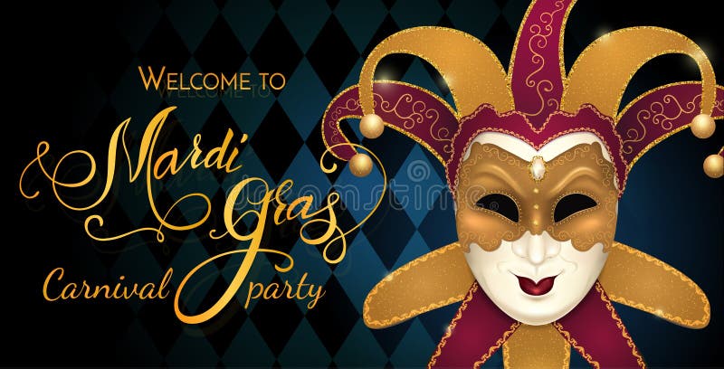 Carnival mask with shiny glitter texture. Bokeh lights and fireworks background. Invitation card template.