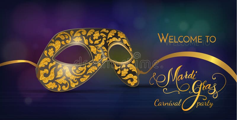 Carnival mask with shiny glitter texture. Bokeh lights and fireworks background. Invitation card template.