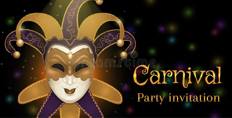 Carnival mask with shiny glitter texture. Bokeh lights and fireworks background. Invitation card template.