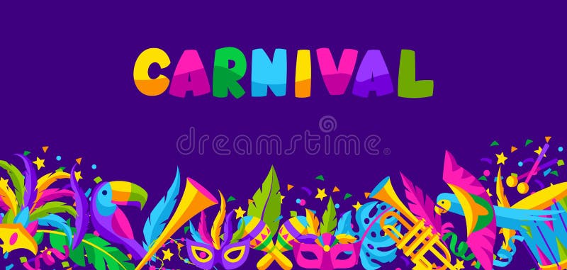 Carnival party background with celebration icons, objects and decor. Mardi Gras illustration for traditional holiday.