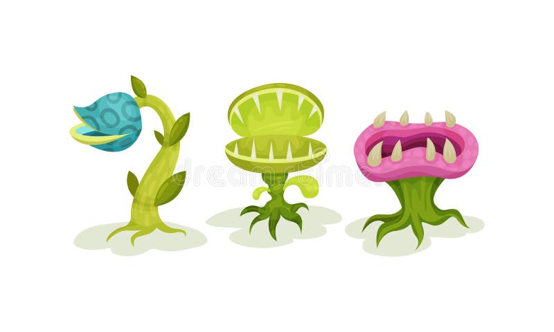 Carnivore Plants or Monster Flowers as Fantastic Flora Vector Set