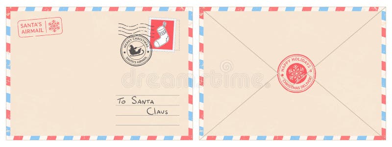 Caro envelope do correio de Papai Noel Letra da surpresa do Natal, cartão da criança com vetor do prestígio do carimbo postal do