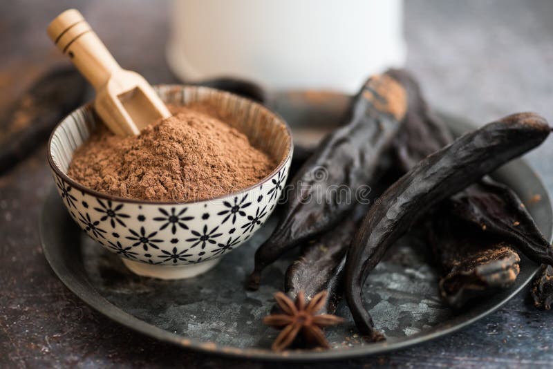 Carob powder and pods stock photo. Image of carob, diet 176444404