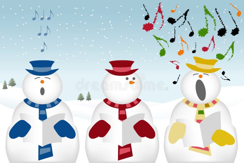 Snowmen characters singing Christmas carols in the snow. EPS file available. Snowmen characters singing Christmas carols in the snow. EPS file available