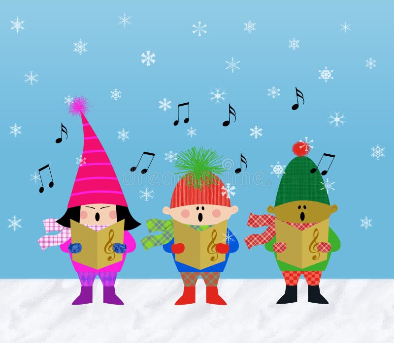 Multicultural children singing Christmas carols in the snow. Multicultural children singing Christmas carols in the snow