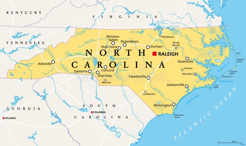 Carolina do Norte, NC, mapa político, Estado do Norte Antigo, Estado de Tar Heel