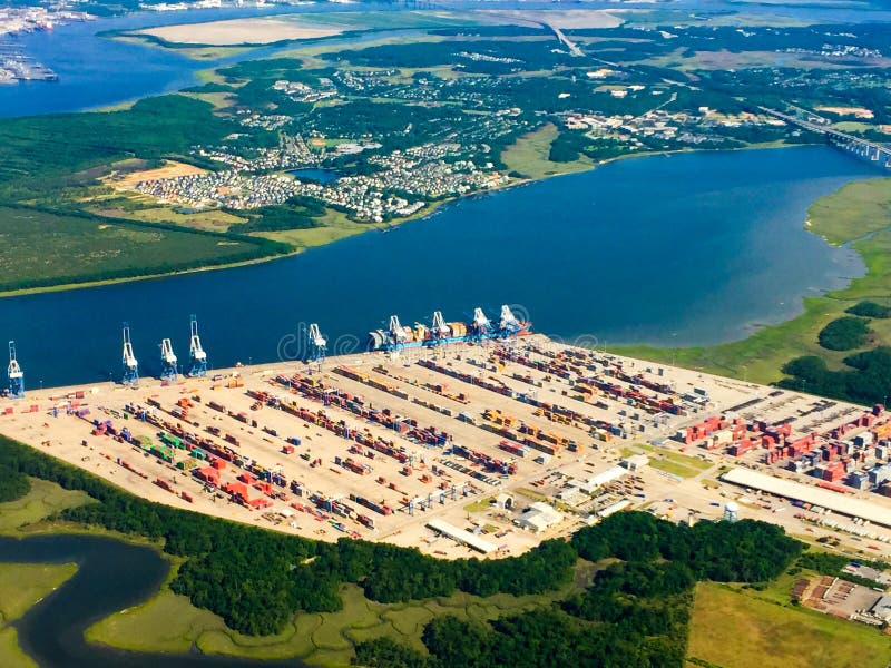 Aerial view of the shipping docks in Charleston, SC. Aerial view of the shipping docks in Charleston, SC.