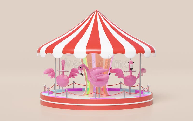 Carousel for children with flamingo isolated on grey background. 3d render illustration stock illustration