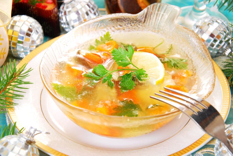 Carp in jelly with carrot for christmas stock photos