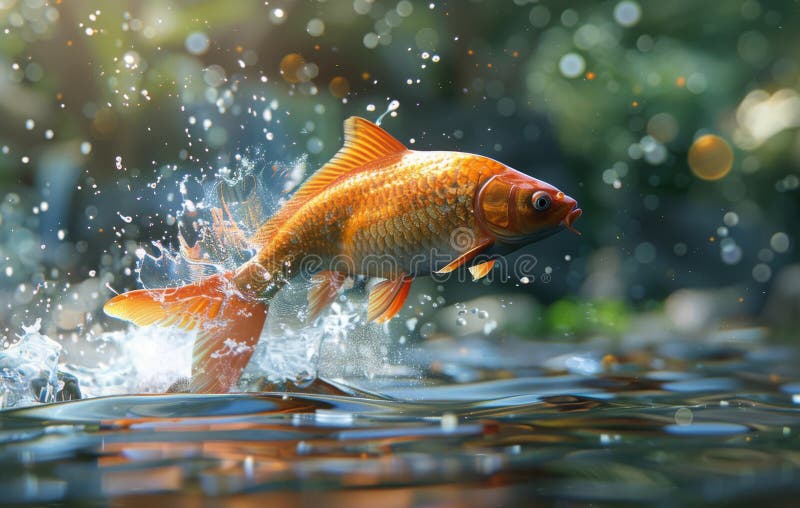 Carpa dorada saltando del agua al atardecer. Una carpa dorada salta del agua creando un chorro de gotas de agua con el sol al fondo. ai generada