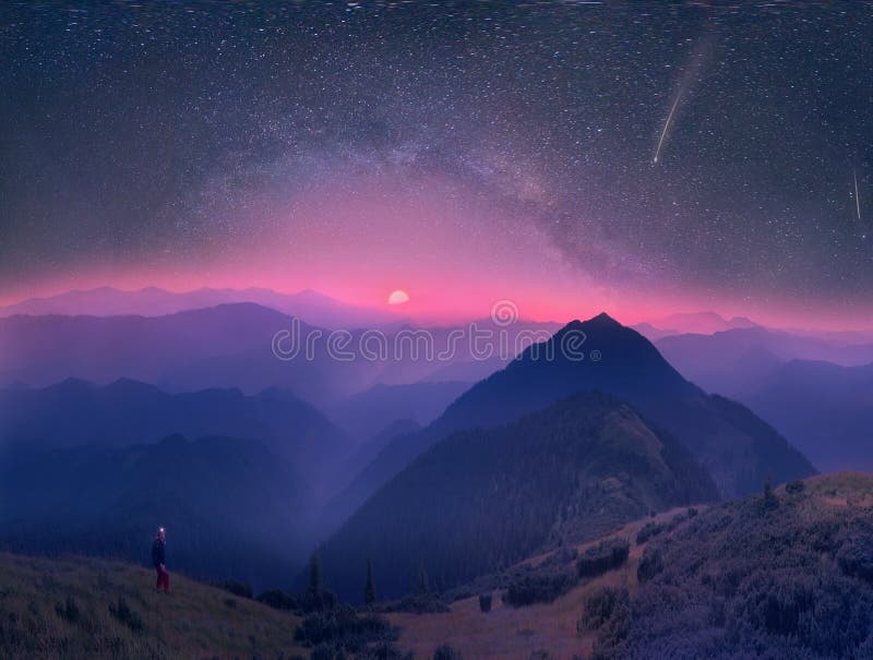 Carpathians, the moon and stars on the background