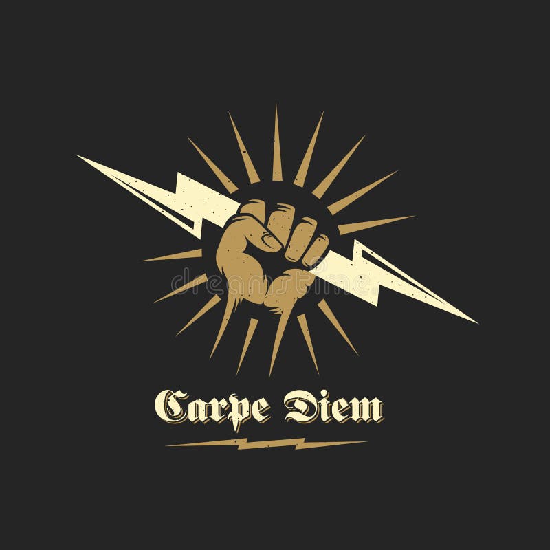 Carpe Diem Abstrakcjonistyczny Wektorowy emblemat, symbol lub loga szablon, Ręka Trzyma Błyskawicowego rygla sylwetkę z Retro typ ilustracja wektor