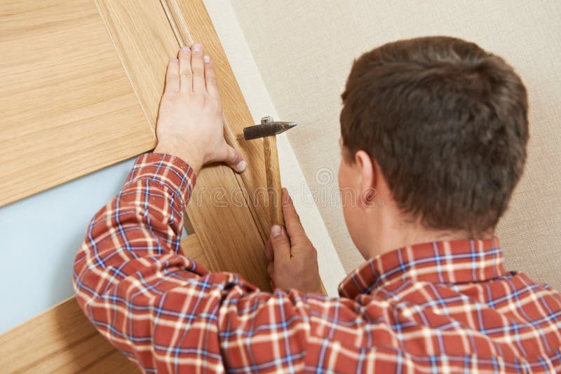 Carpenter at Door Lock Installation Stock Image Image of mechanic